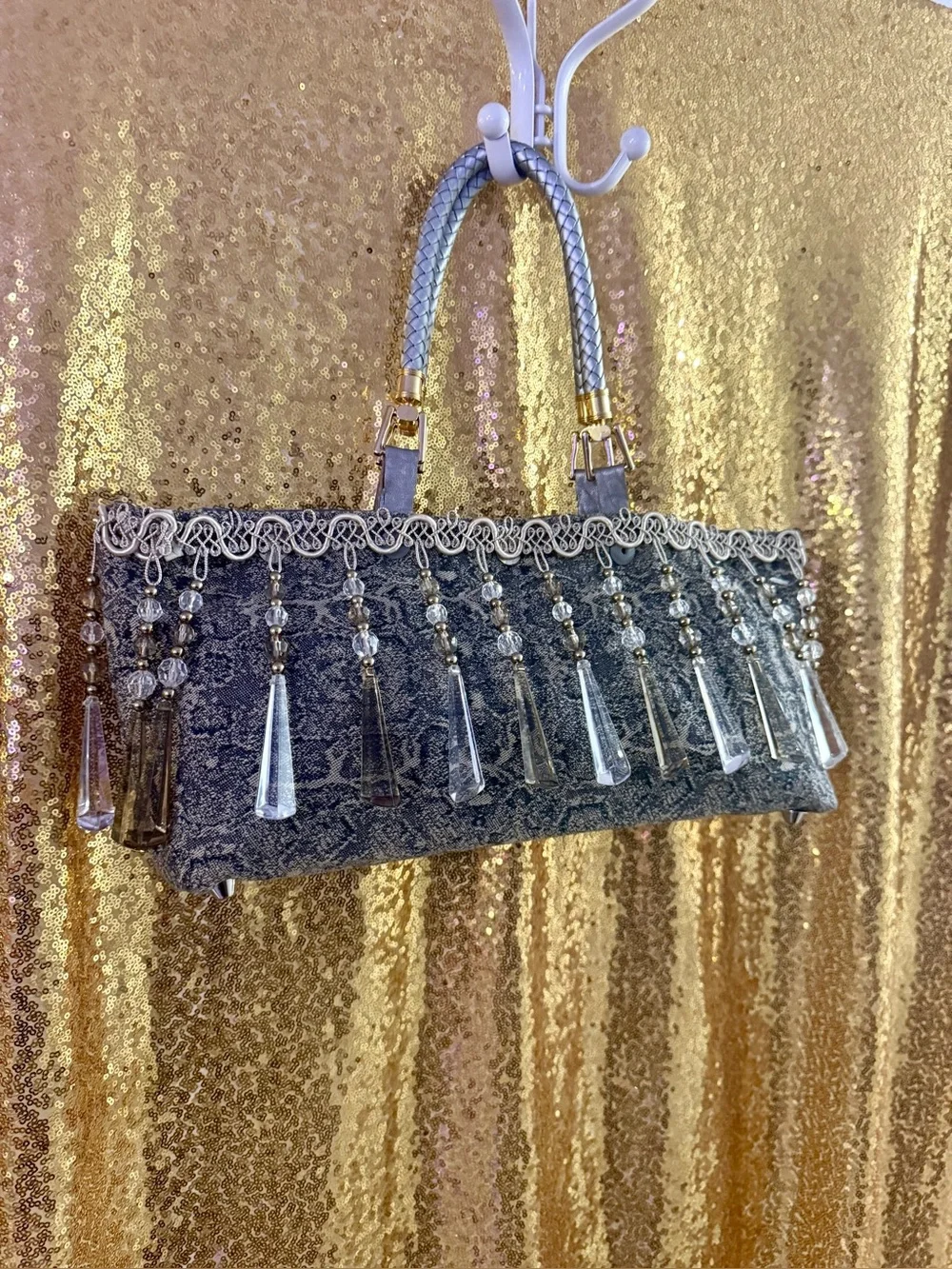 Gray Beaded Fringe Evening Clutch with Crystal Tassels